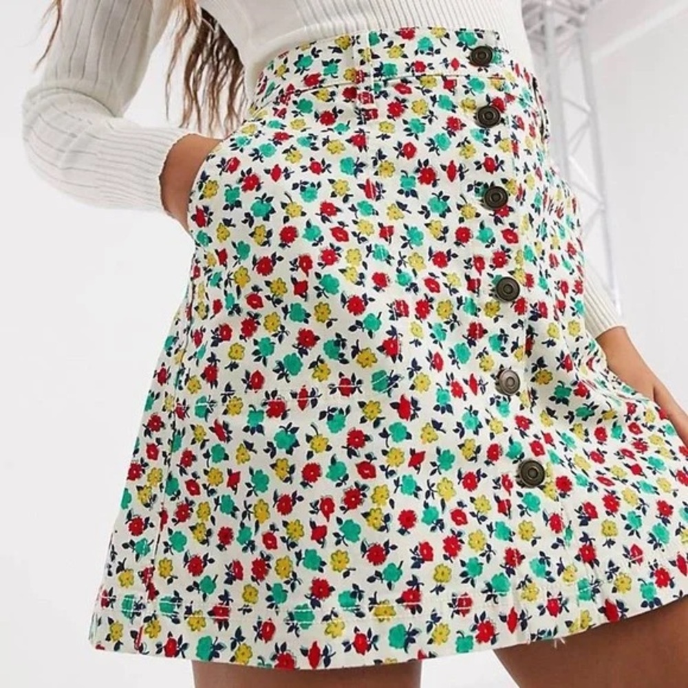 J. Crew Mercantile Bright Floral Denim Button Front Mini Skirt